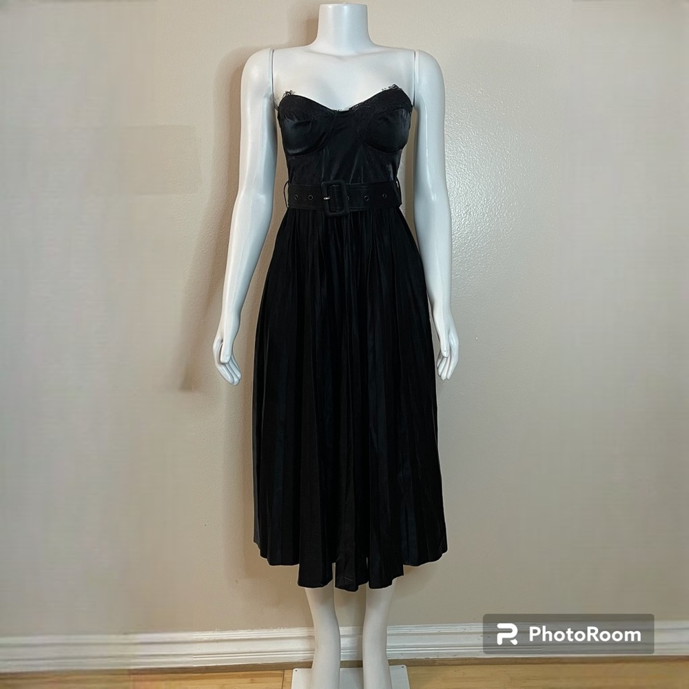 Black strapless belted pleated midi dress with lace details